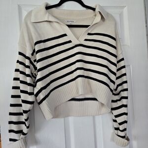Reformation Cream and Black V-Neck Sweater